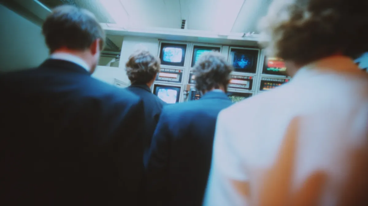 How I imagine a COBOL workplace People on suits looking at a mainframe