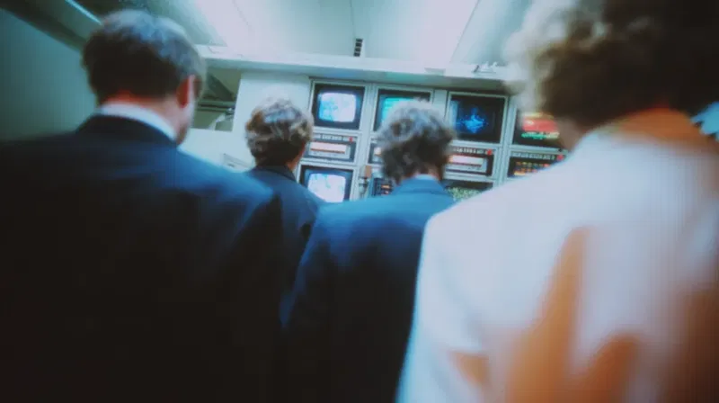 People on suits looking at a mainframe