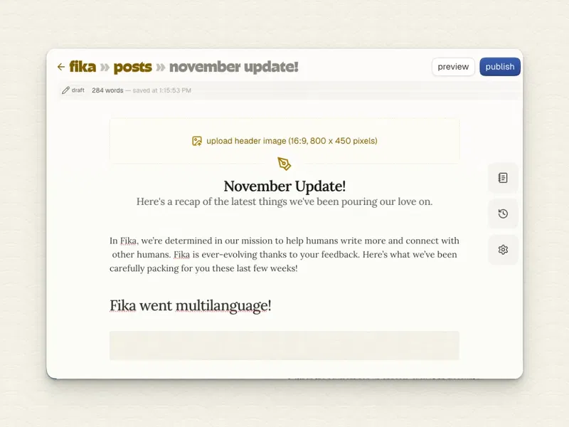 Una imagen que muestra el nuevo editor de texto en Fika, que tiene menos ruido visual.