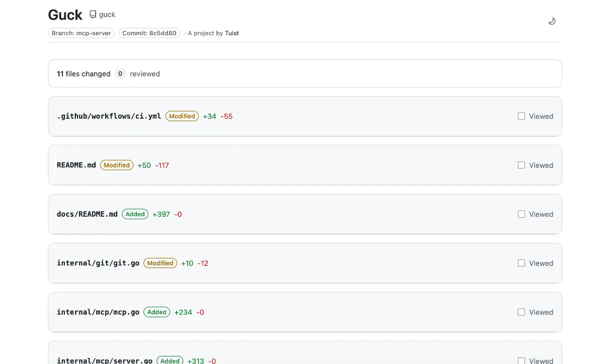 A screenshot showing Guck's UI Guck's UI is very similar to GitHub's review UI wher eyou see a list of files, and the changes in them, and you can leave comments and mark them as viewed or not.
