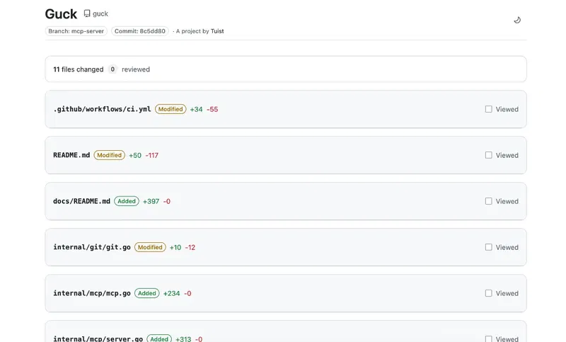 Guck's UI is very similar to GitHub's review UI wher eyou see a list of files, and the changes in them, and you can leave comments and mark them as viewed or not.