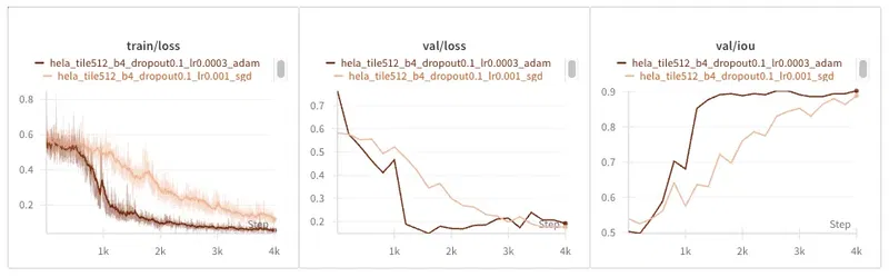 Comparing Adam (brown) vs SGD (orange) on the DIC-HeLa dataset