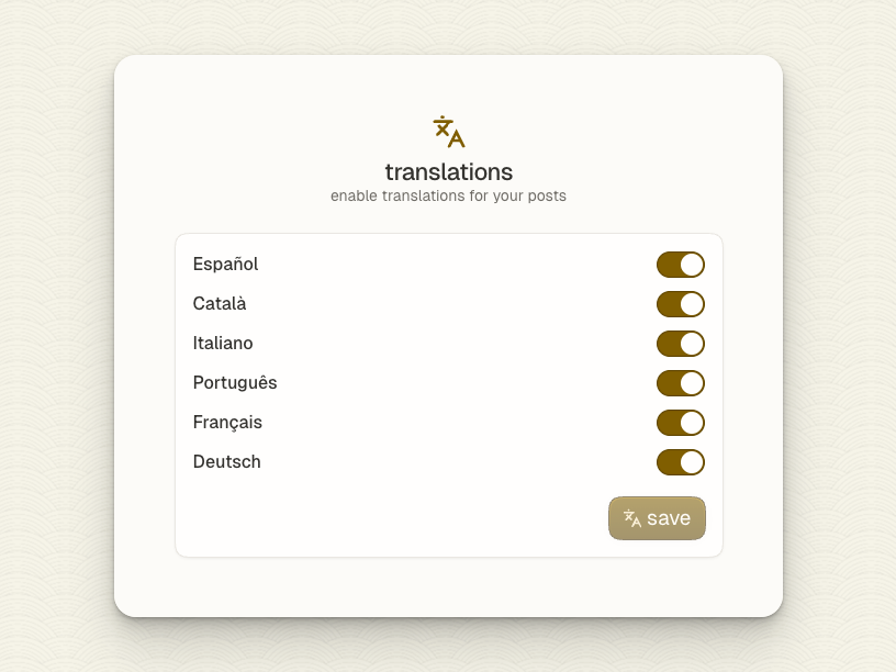 Le impostazioni del tuo blog ora includono una sezione \ Uno screenshot che mostra l'interfaccia delle impostazioni di traduzione