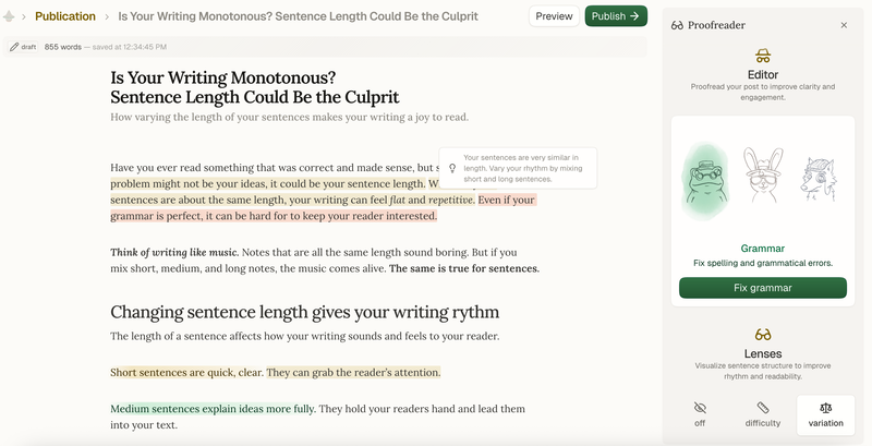 Fika proofreader highlighting writing monotony in the editor.