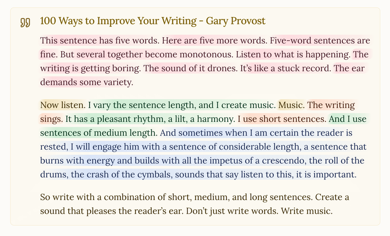 A visualization of sentence length showing how using short, medium, and long sentences together creates rythm and interest in writing well.