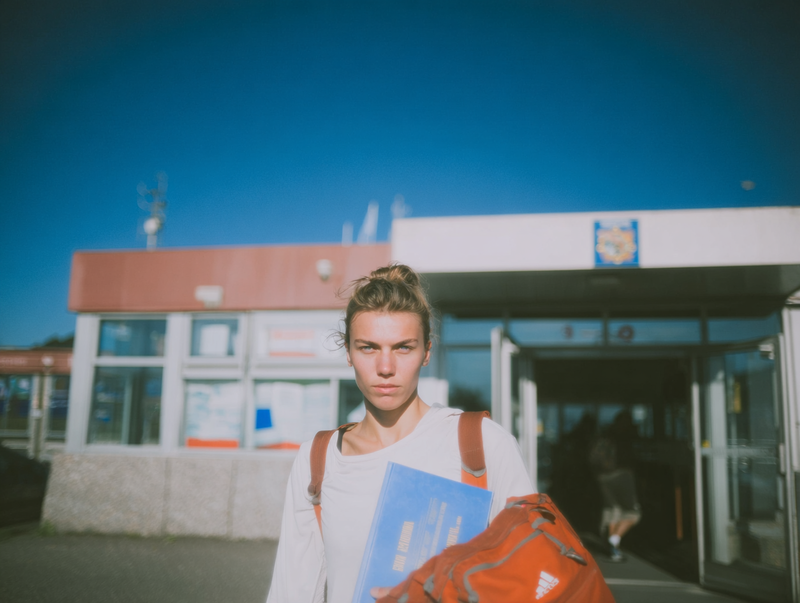 An adult woman leaving a sports center with a notebook and a sports bag.