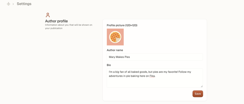 Screenshot of Fika's settings interface with a profile picture, author name, and author bio fields.