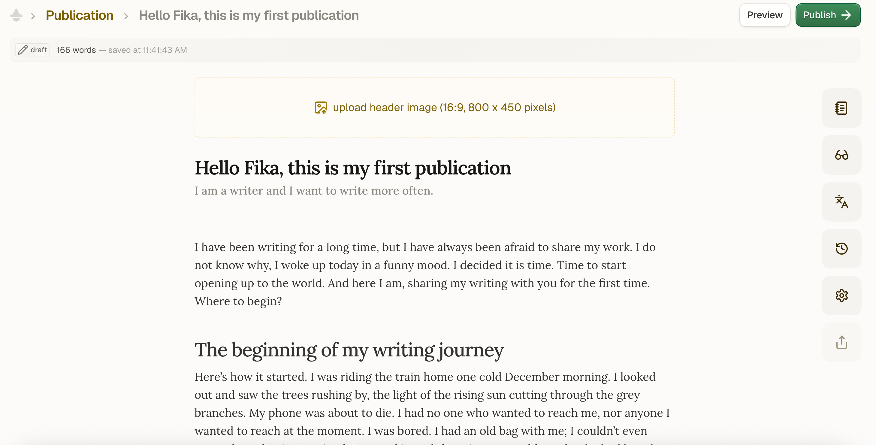 Screenshot of Fika's editor and writing interface.