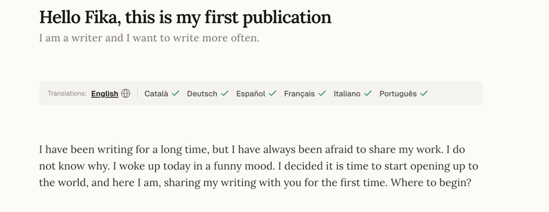 Screenshot of Fika translations.