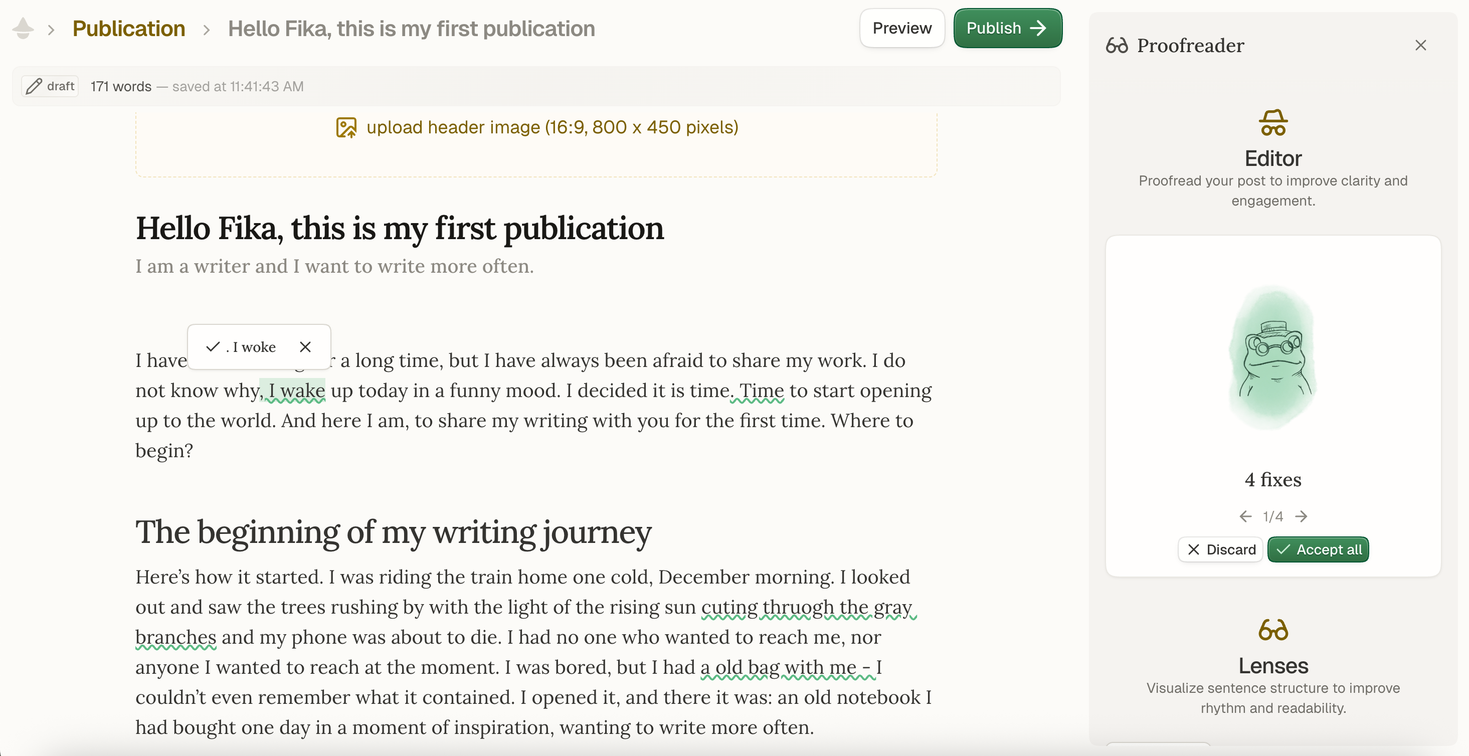 Screenshot of Fika's grammar proofreader highlighting issues in the text.