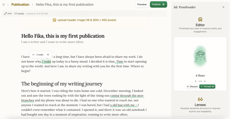 Screenshot of Fika's grammar proofreader highlighting issues in the text.