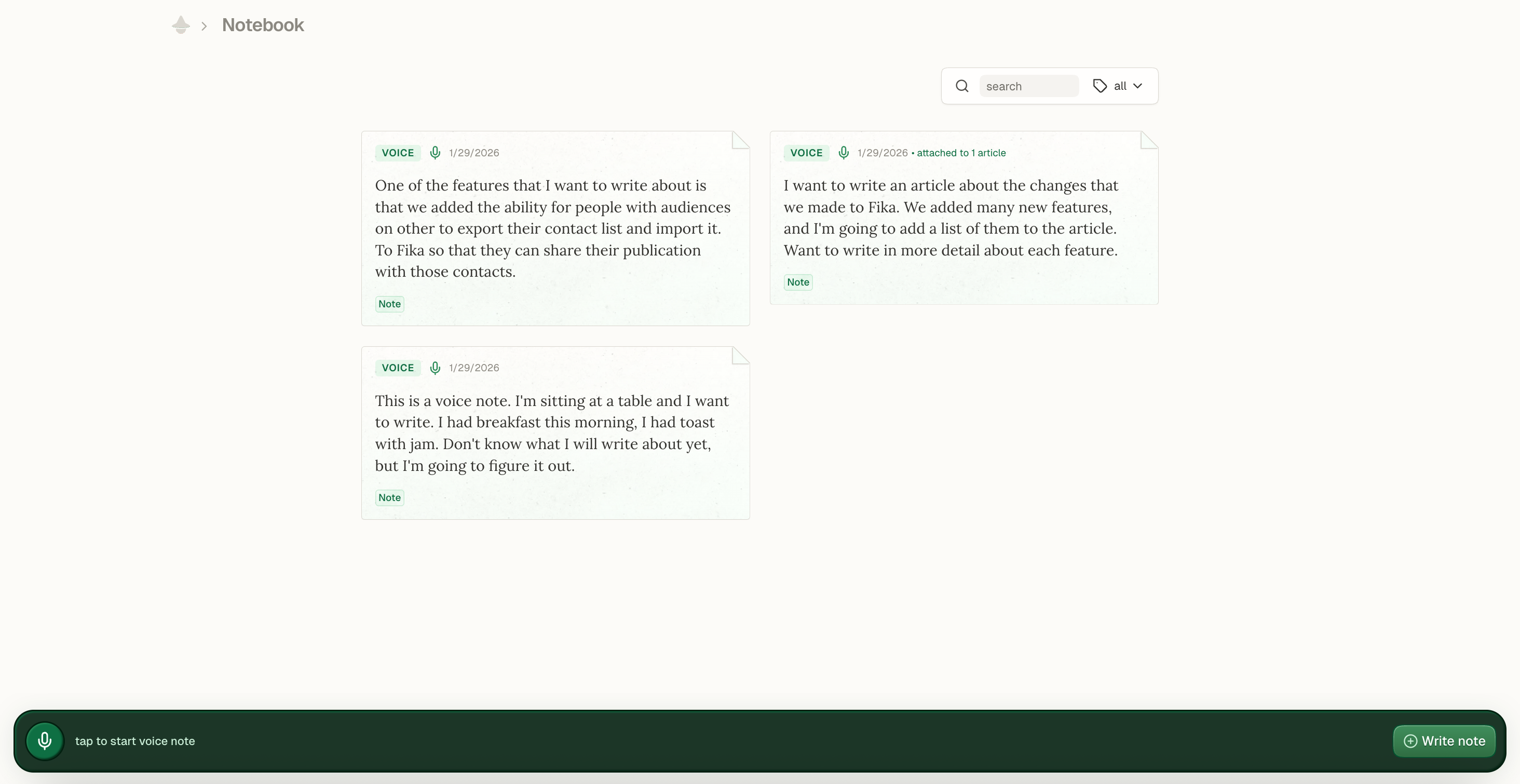 A screenshot showing transcriptions of voice notes in Fika's notebook.