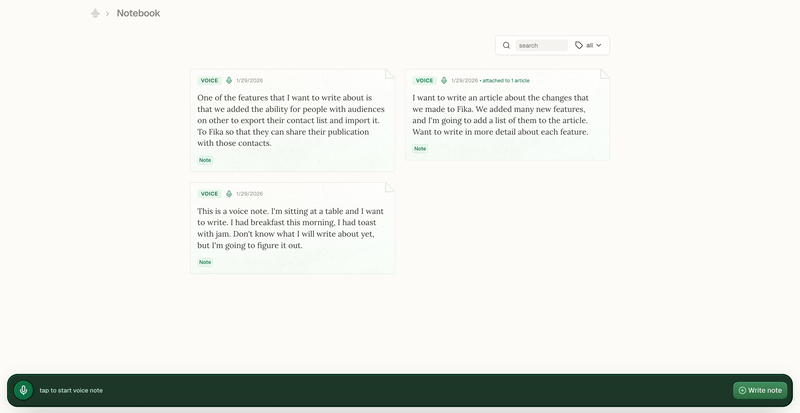 A screenshot showing transcriptions of voice notes in Fika's notebook.