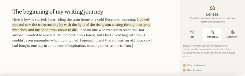 Screenshot showing highlighted difficult sentences in the article.
