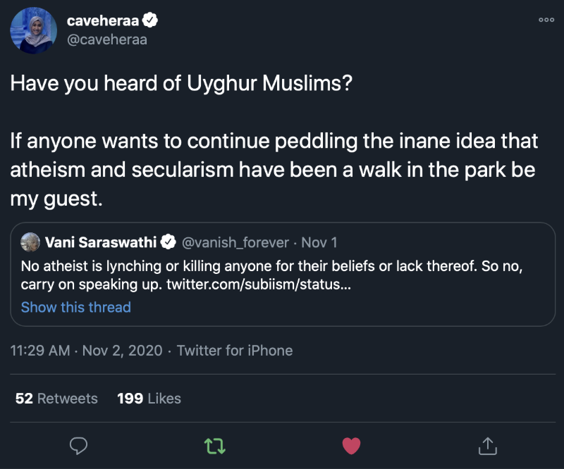 caveheraa on twitter mentioning Uyghur Muslims in response to a tweet claiming atheists don't lynch or kill for their lack of beliefs
