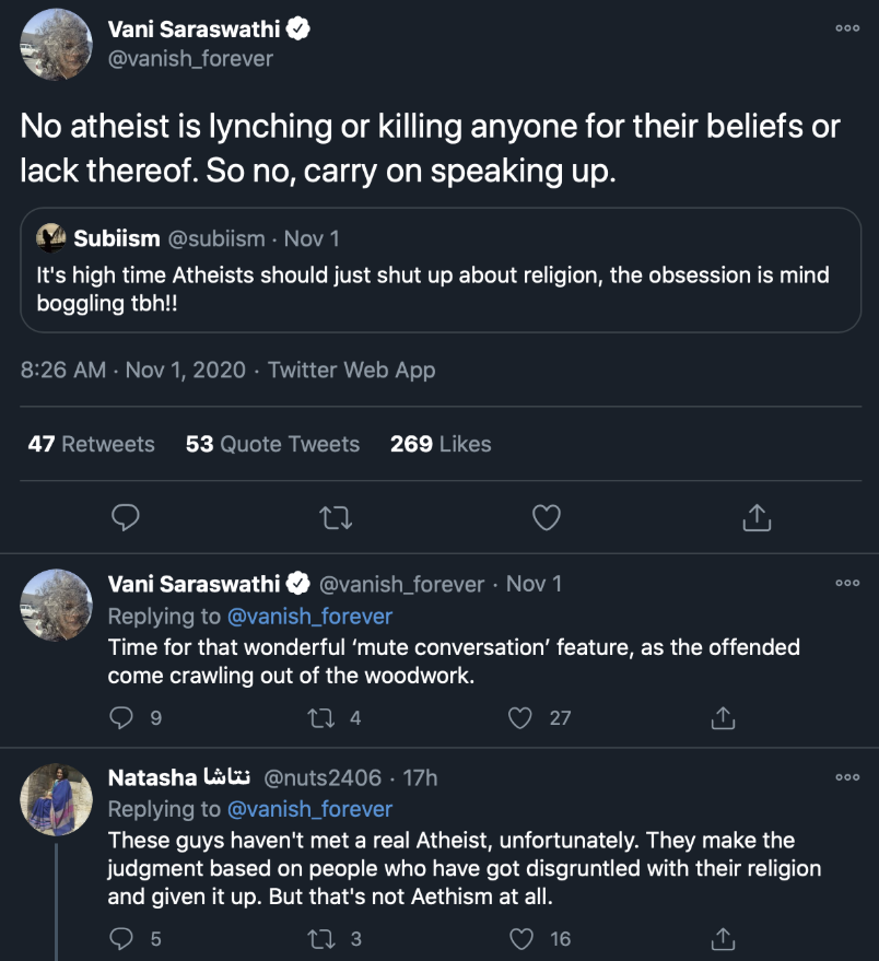 user tweeting that atheists don't lynch or kill in response to someone sharing atheists should shut up about religion