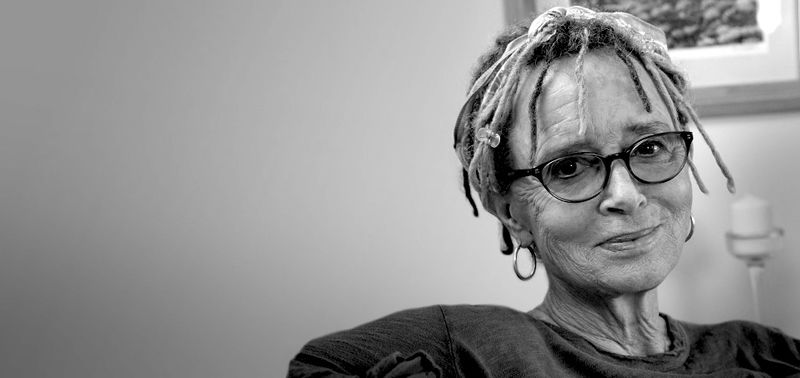 Anne Lamott, author of Bird by Bird. Portrait of Lamott in black and white.