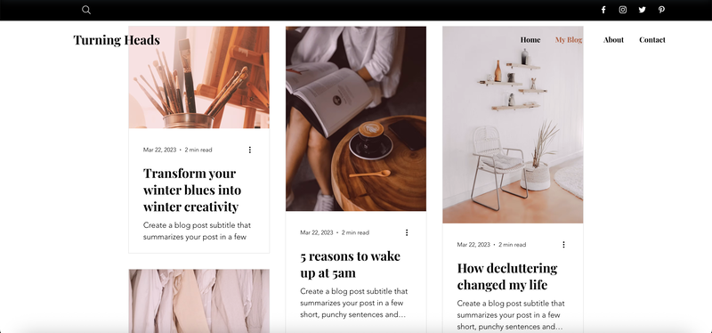 Exemples d'aspecte d'un feed a Wix. Captura de pantalla de plantilla de Wix.