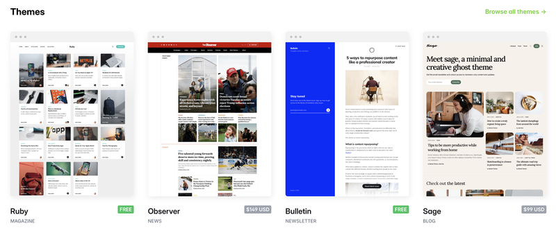 Ghost també ofereix molts temes diferents. Captura de pantalla on es mostren temes de Ghost.