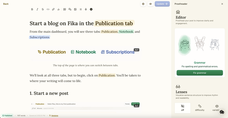 Fika té un editor senzill amb eines de correcció i traducció per facilitar l'escriptura. Captura de pantalla de la finestra de l'editor amb el corrector obert.