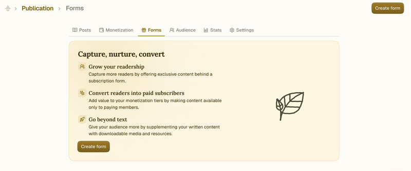 Captura de ecrã da secção de Formulários que mostra lead magnets no Fika
