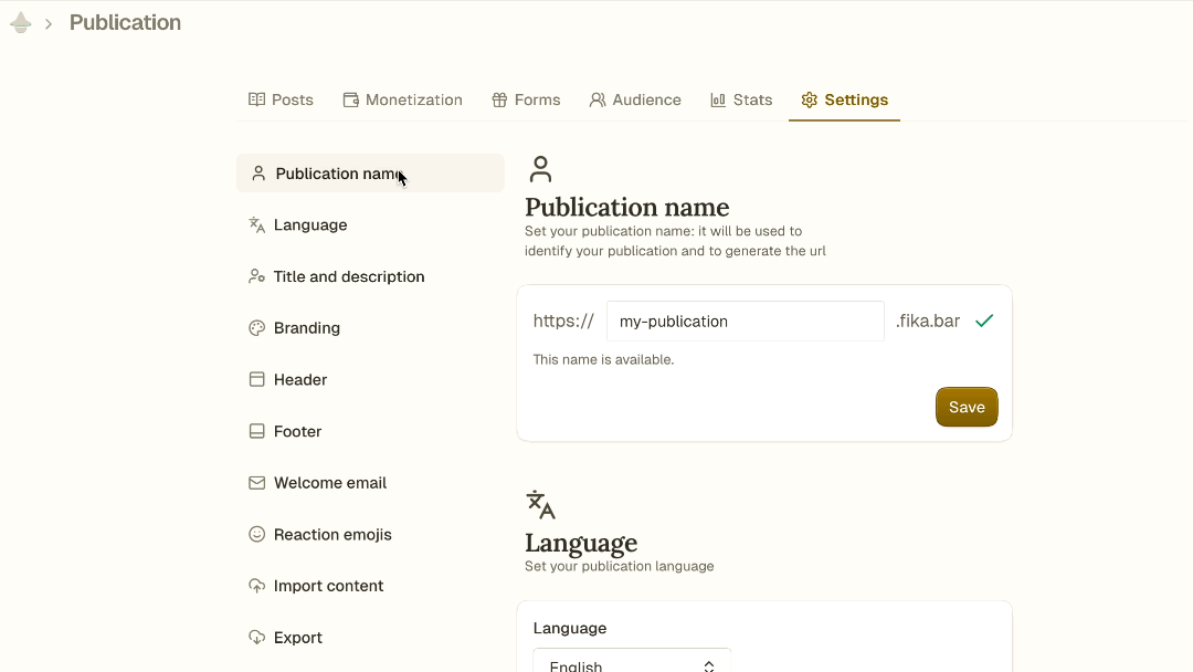 GIF que mostra as definições de publicação do Fika