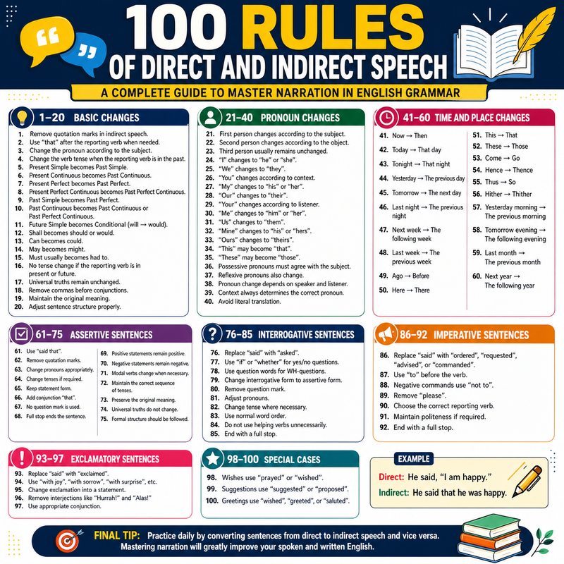 100 Rules of Direct and Indirect Speech