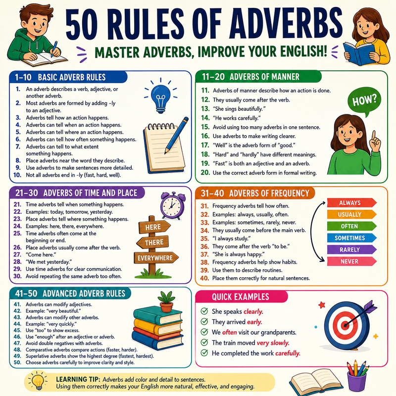 50 Important Rules of Adverbs in English Grammar