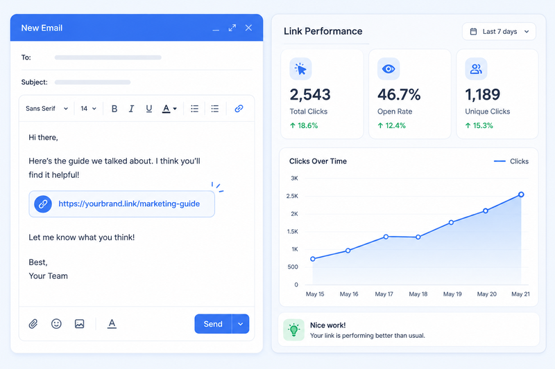 Mockup of an email containing a short branded link next to a click tracking dashboard
