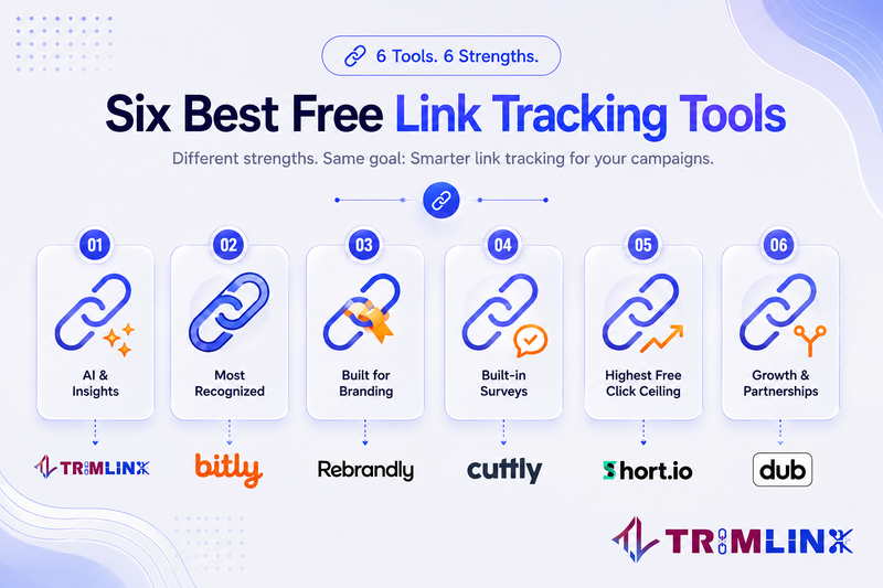 Row of six link icons, each with a small distinct mark, representing the six different link tracking tools compared below